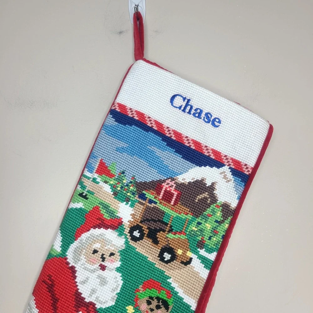 LL Bean Needlepoint‎ Red Christmas Stocking Santa Elves Embroidered Chase